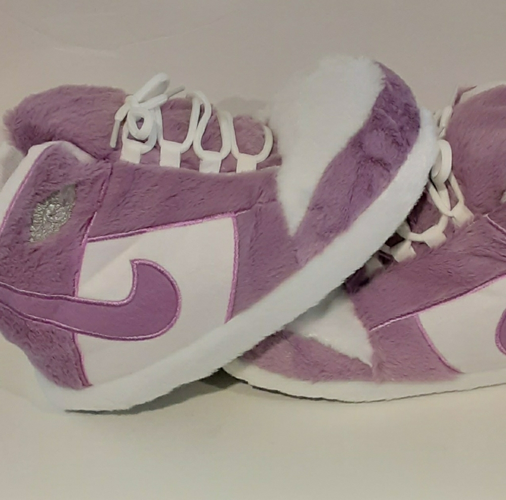 AJ 1 Nike Slippers  Kids Plush Purple and White Shoes Fit Size 4 To 8